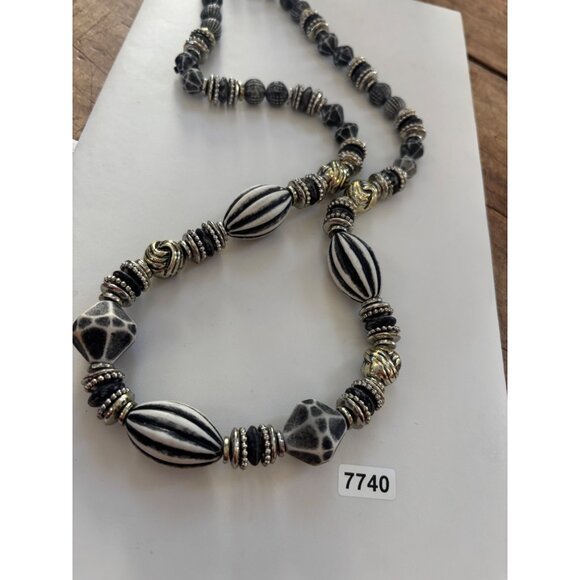 Handcrafted Black & White Beaded Necklace With Gold Accents - 28" Long - Picture 5 of 7